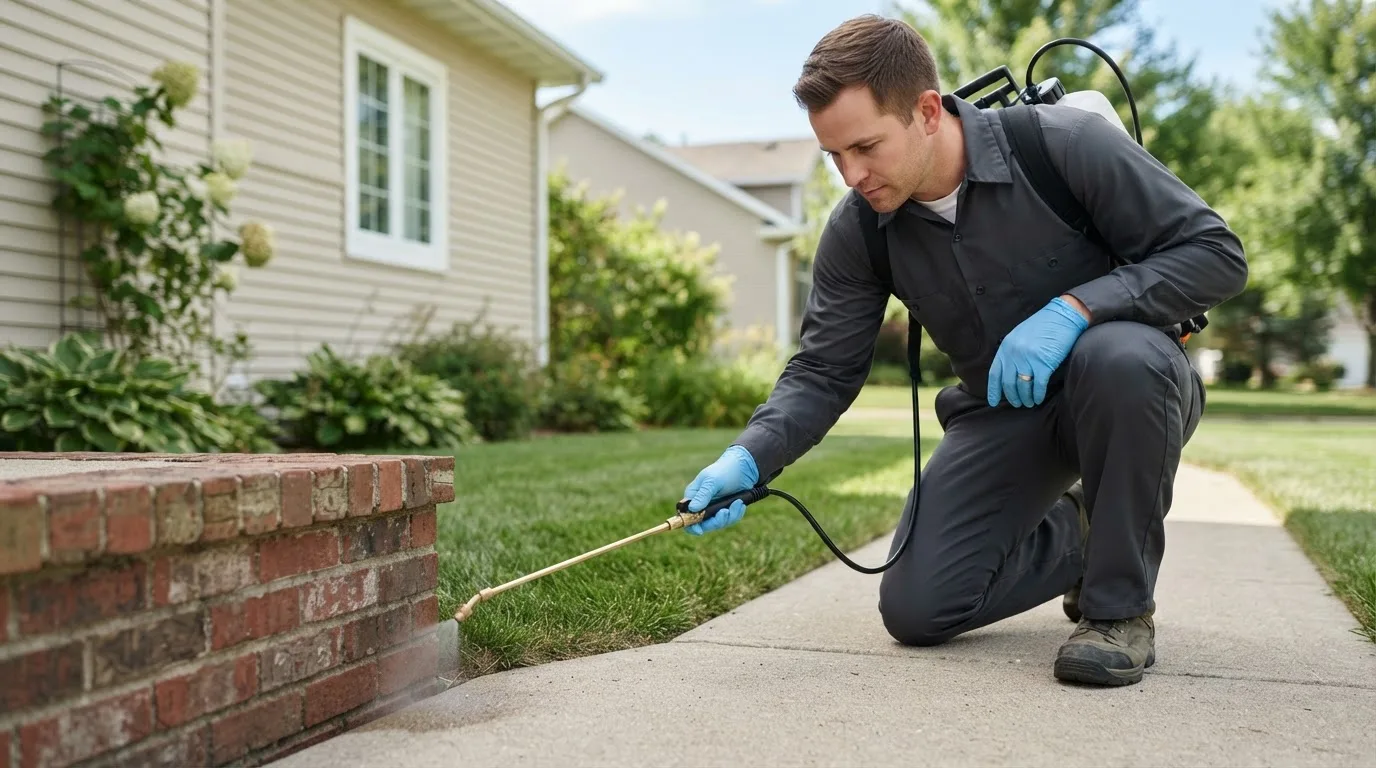 Pest control technician treating a home near Buffalo, TX